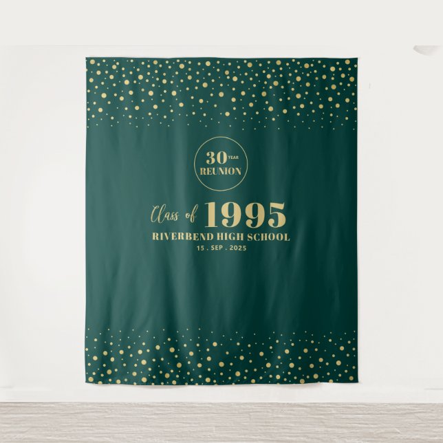 Gold & Green Confetti Class Reunion Party Backdrop Tapestry (Front)