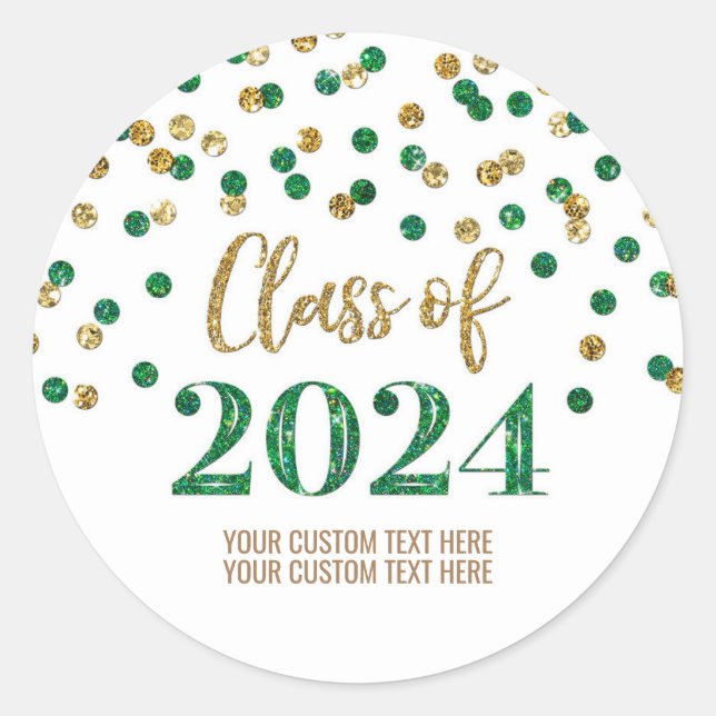 Gold Green Confetti Graduation 2024 Classic Round Sticker (Front)