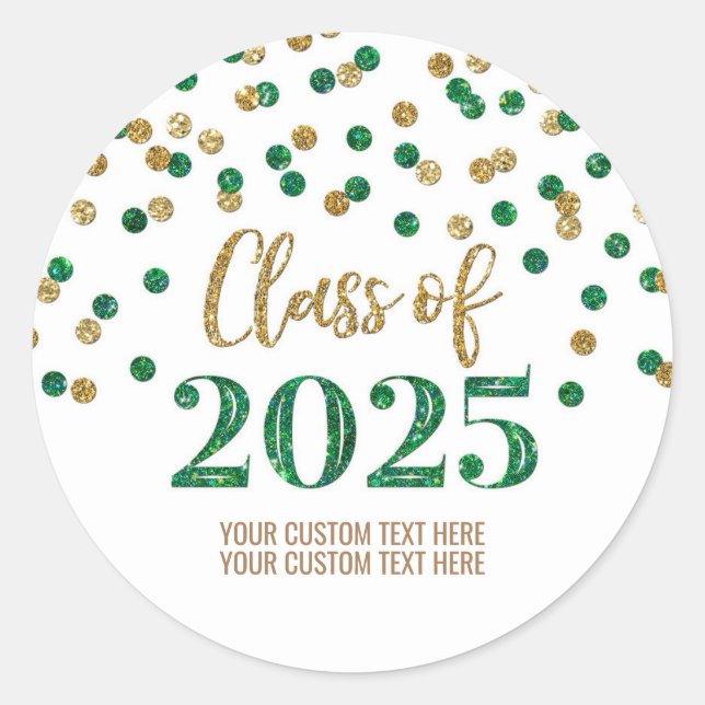 Gold Green Confetti Graduation 2025 Classic Round Sticker (Front)