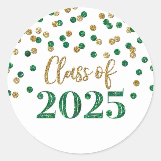 Gold Green Confetti Graduation 2025 Classic Round Sticker (Front)