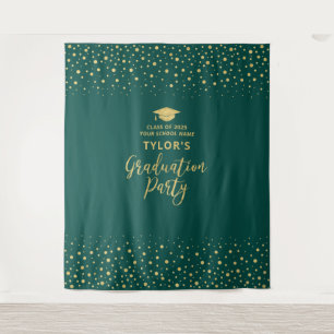Gold & Green Confetti   Graduation Party Backdrop Tapestry