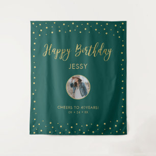 Gold & Green Confetti Happy Birthday Photo Tapestry