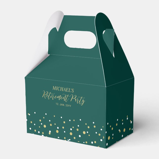 Gold & Green Confetti Modern Retirement Party Favour Box (Front Side)