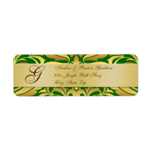 Gold & Green Damask Christmas Address Labels