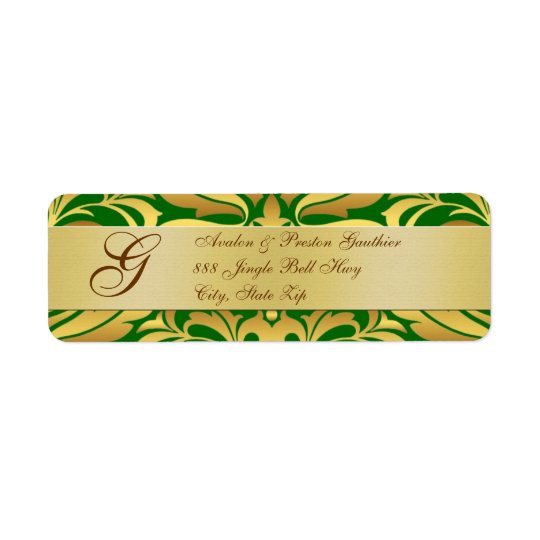Gold & Green Damask Christmas Address Labels