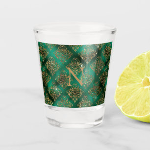 Gold Green Damask Elegant Monogram Glitter  Shot Glass