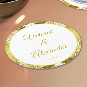 Gold Green Damask Wedding Round Paper Coaster