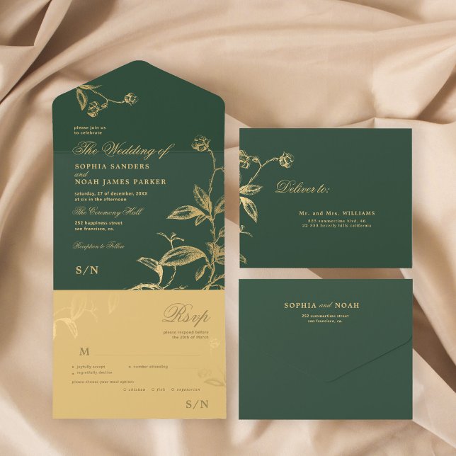 Gold green elegant botanical wedding all in one invitation (Creator Uploaded)