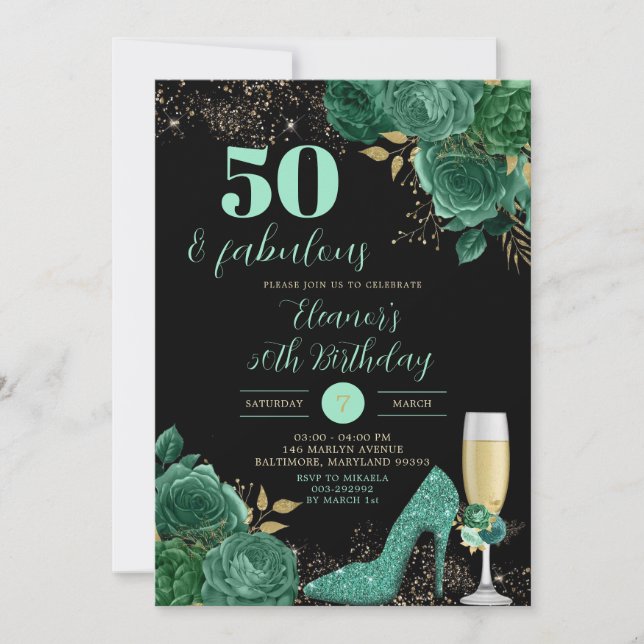 Gold Green Emerald Stiletto Heel Floral Birthday Invitation (Front)