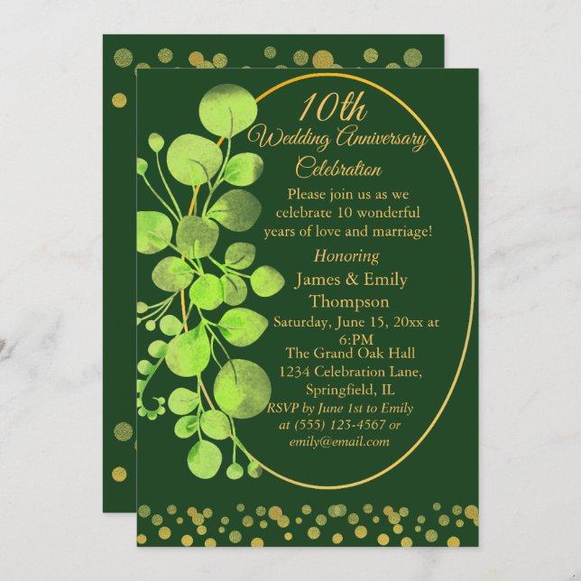  Gold & Green Eucalyptus 10th Wedding Anniversary Invitation (Front/Back)