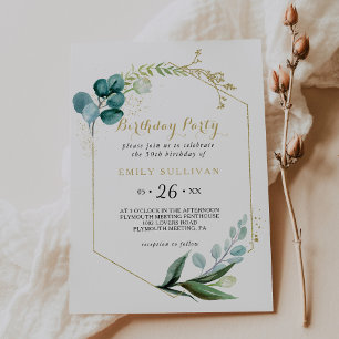 Gold & Green Eucalyptus 50Th Birthday Party Invitation
