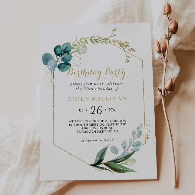 Gold & Green Eucalyptus 50Th Birthday Party Invitation (Creator Uploaded)