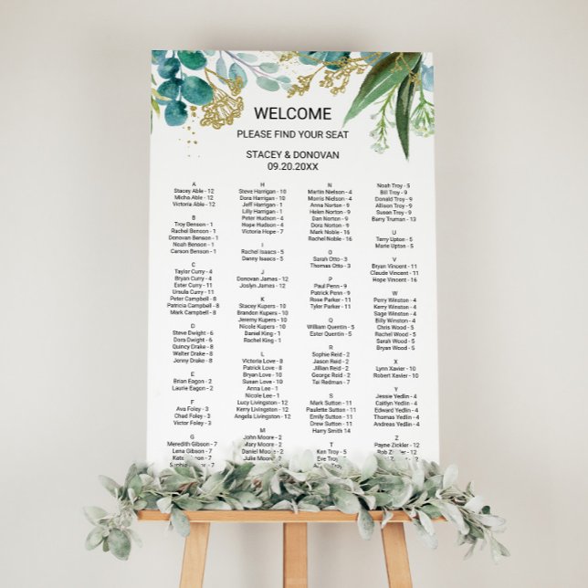 Gold & Green Eucalyptus Alphabetical Seating Chart (Creator Uploaded)