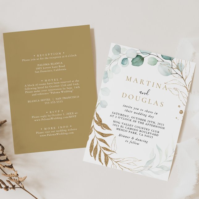Gold Green Eucalyptus Back & Front Wedding   Invitation (Creator Uploaded)