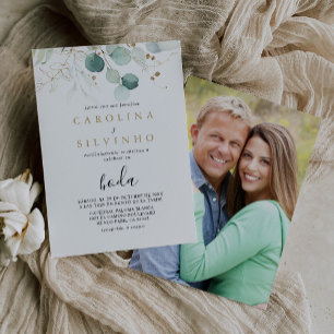 Gold Green Eucalyptus Calligraphy Boda Wedding Invitation