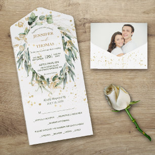Gold Green Eucalyptus Photo Wedding All In One Invitation