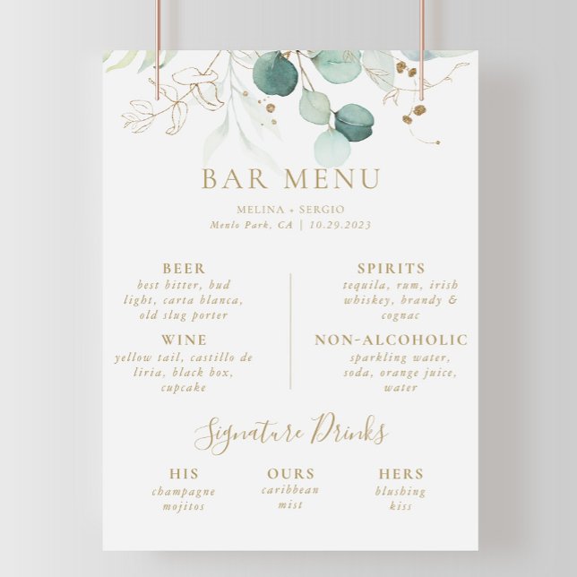 Gold Green Eucalyptus Wedding Bar Menu Poster (Creator Uploaded)