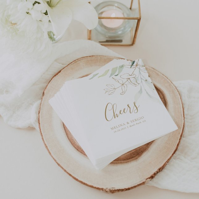 Gold Green Eucalyptus Wedding Cheers Napkins (Creator Uploaded)