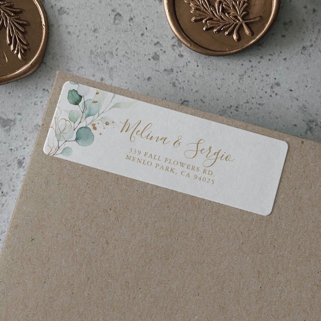 Gold Green Eucalyptus Wedding Return Address  Label (Creator Uploaded)