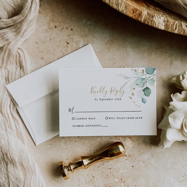 Gold Green Eucalyptus Wedding RSVP Card (Creator Uploaded)
