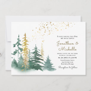 Gold Green Evergreen Pine Trees Christian Wedding Invitation
