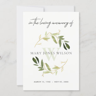 GOLD GREEN FAUNA SYMPATHY MEMORIAL SERVICE INVITE