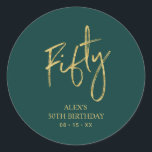 Gold & Green Fifty 50th Birthday Favour Thank you Classic Round Sticker<br><div class="desc">This simple custom thank you sticker will add stylish detail to your special day. This design features modern gold script lettering " Fifty" with custom text on a green background. Matching 50th birthday invitations and party supplies are available in my shop BaraBomDesign.</div>