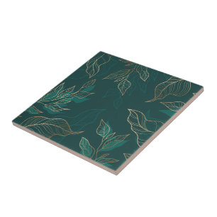 Gold Green Floral Ceramic Tile