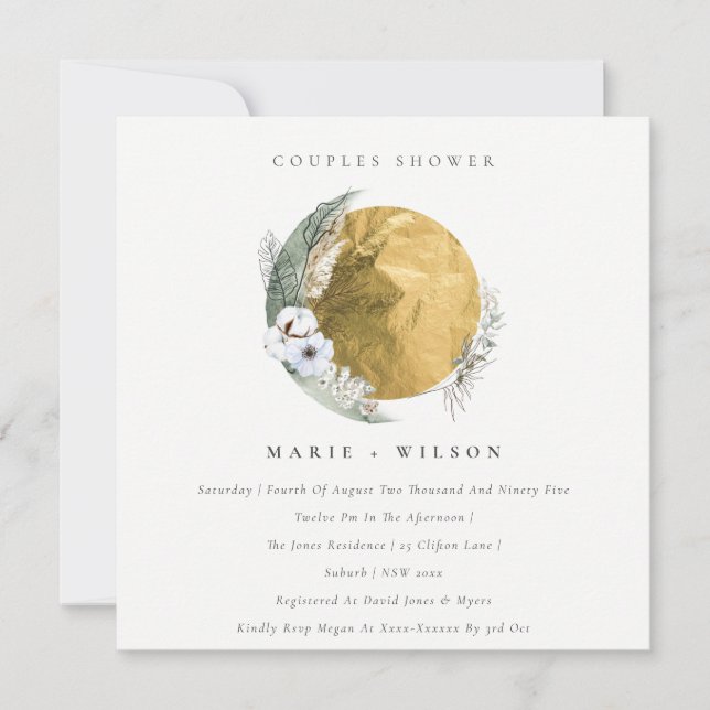 Gold Green Floral Wreath Couples Shower Invite (Front)