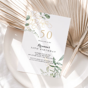 Gold Green Foliage 50th Birthday Party  Invitation