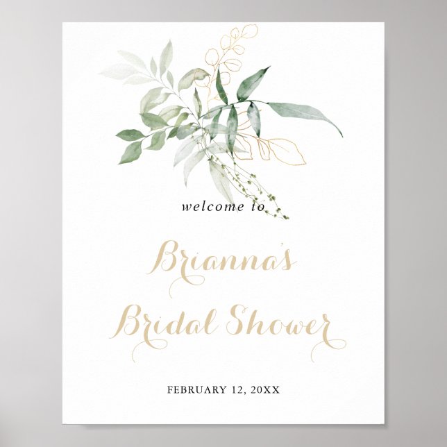 Gold Green Foliage Bridal Shower Welcome  Poster (Front)