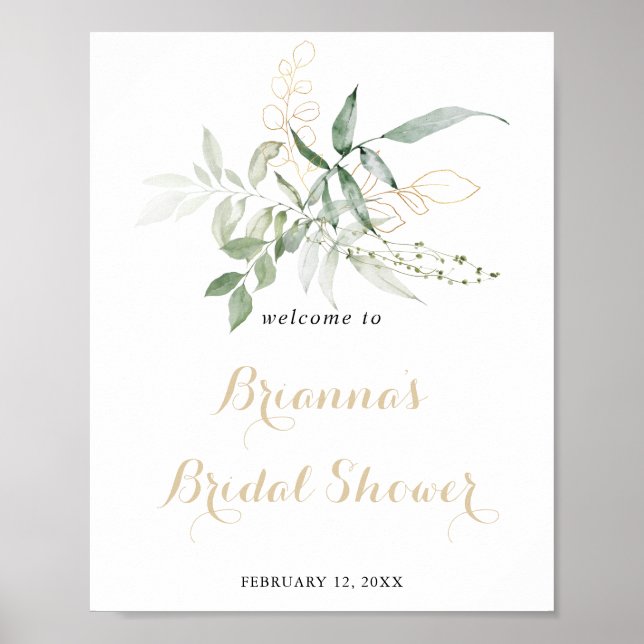 Gold Green Foliage Bridal Shower Welcome  Poster (Front)