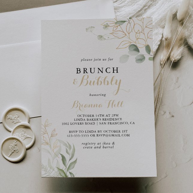Gold Green Foliage Brunch and Bubbly Bridal Shower Invitation (Creator Uploaded)