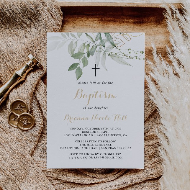 Gold Green Foliage Calligraphy Baptism  Invitation (Creator Uploaded)