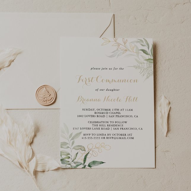 Gold Green Foliage Calligraphy First Communion  Invitation (Creator Uploaded)