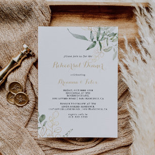 Gold Green Foliage Calligraphy Rehearsal Dinner  Invitation