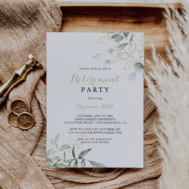 Gold Green Foliage Calligraphy Retirement Party  Invitation (Creator Uploaded)