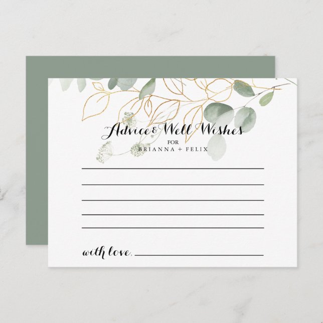 Gold Green Foliage Calligraphy Wedding Advice Card (Front/Back)