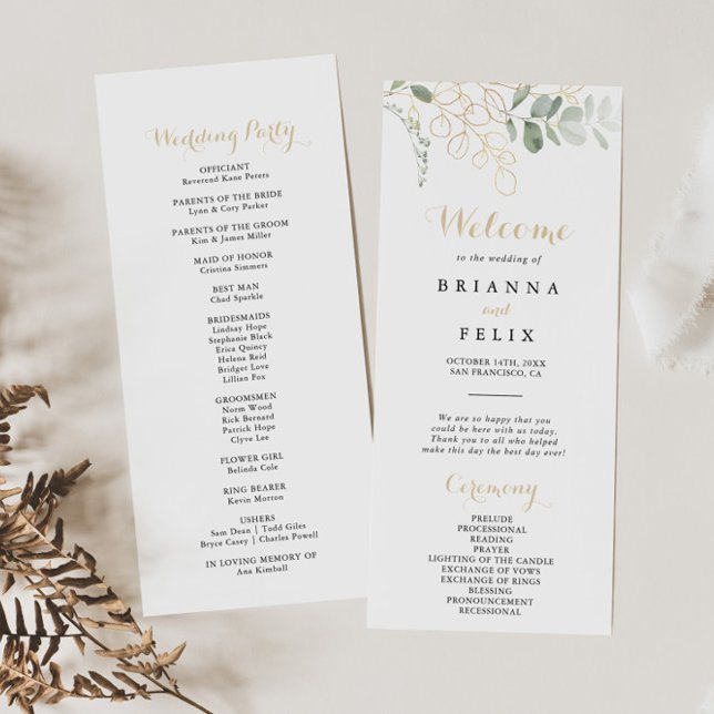 Gold Green Foliage Calligraphy Wedding Program (Creator Uploaded)