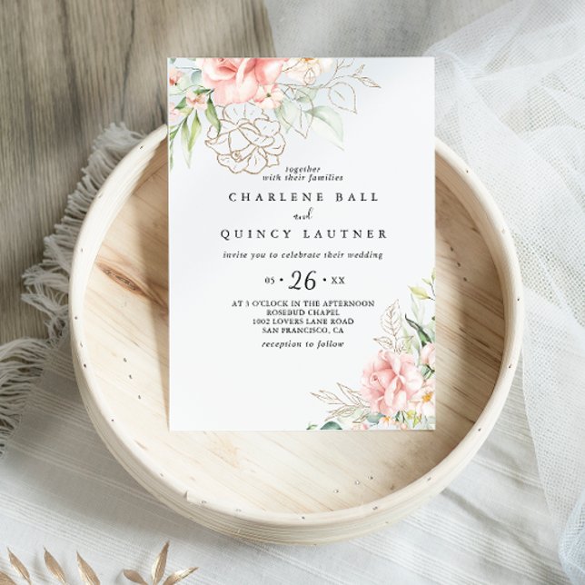 Gold Green Foliage Floral Casual Wedding Invitation (Creator Uploaded)