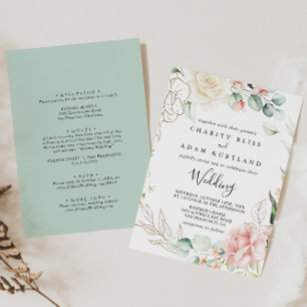 Gold Green Foliage Floral Front & Back Wedding Invitation