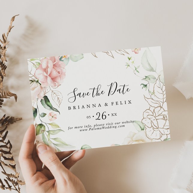 Gold Green Foliage Floral Horizontal Wedding Save The Date (Creator Uploaded)