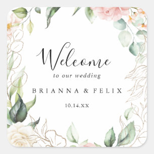 Gold Green Foliage Floral Wedding Welcome Square Sticker