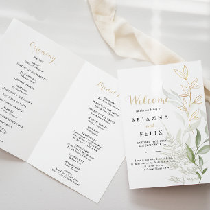 Gold Green Foliage Folded Wedding Program