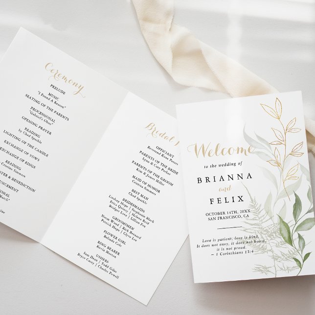 Gold Green Foliage Folded Wedding Program (Creator Uploaded)