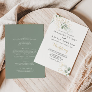 Gold Green Foliage Front & Back Wedding  Invitation