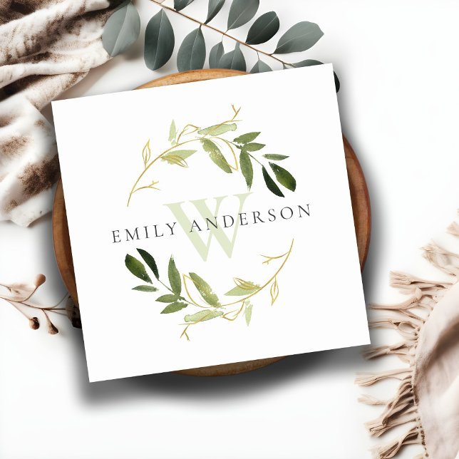 GOLD GREEN FOLIAGE INITIAL WREATH PROFESSIONAL SQUARE BUSINESS CARD (Creator Uploaded)