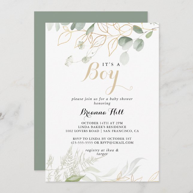 Gold Green Foliage It's A Boy Baby Shower  Invitation (Front/Back)