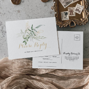 Gold Green Foliage Menu Choice RSVP Postcard