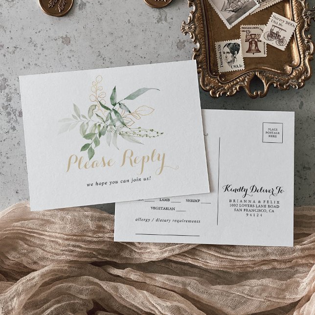 Gold Green Foliage Menu Choice RSVP Postcard (Creator Uploaded)
